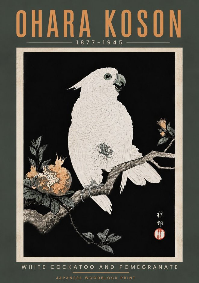 Ohara Koson White Cockatoo and Pomegranate II No5 - Juliste
