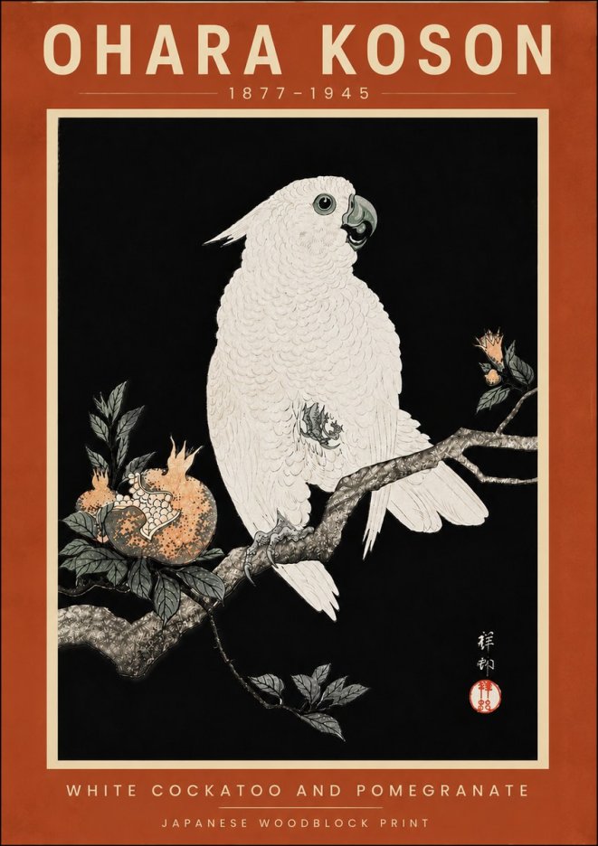Ohara Koson White Cockatoo and Pomegranate II No6 - Juliste