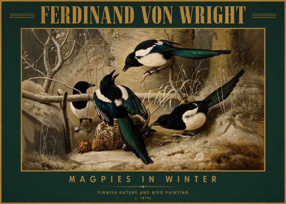 Ferdinand von Wright Magpies in Winter No2 - Juliste