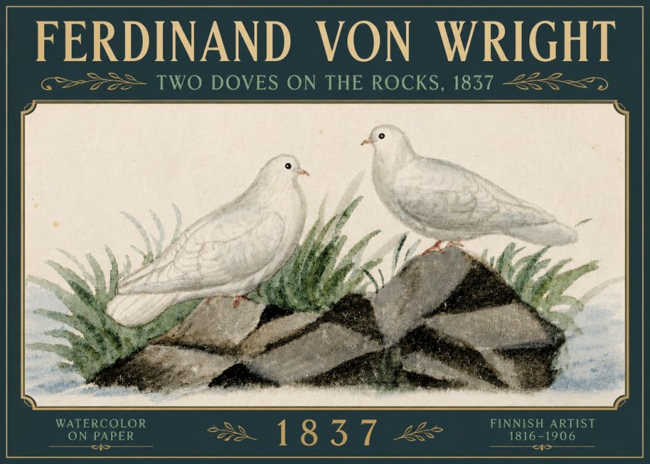 Ferdinand von Wright Two Doves on the Rocks, 1837 No5 - Juliste