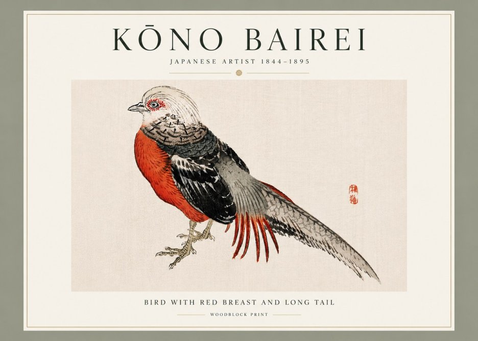 Kōno Bairei Bird with Red Breast and Long Tail No3 - Juliste