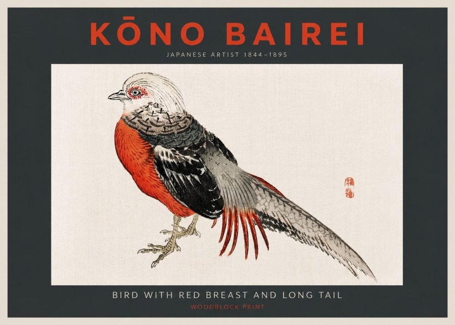 Kōno Bairei Bird with Red Breast and Long Tail No4 - Juliste