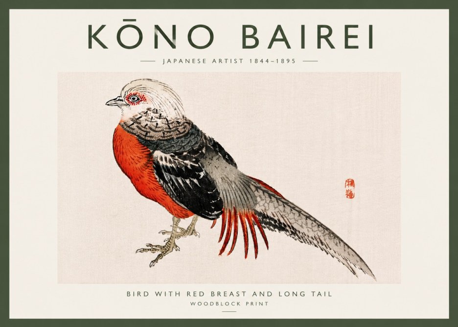 Kōno Bairei Bird with Red Breast and Long Tail No6 - Juliste