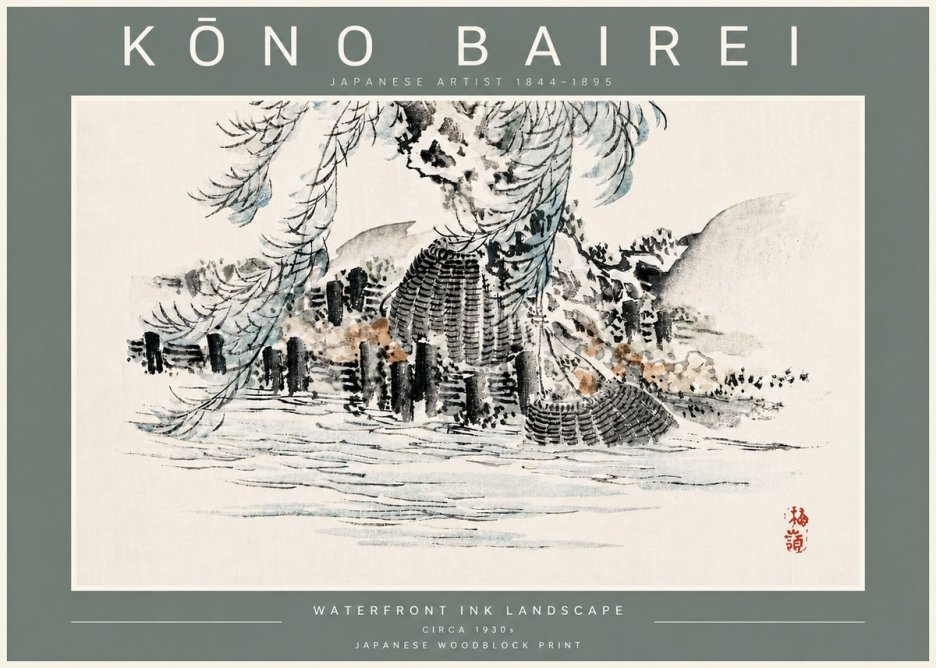 Kōno Bairei Waterfront Ink Landscape No5 - Juliste