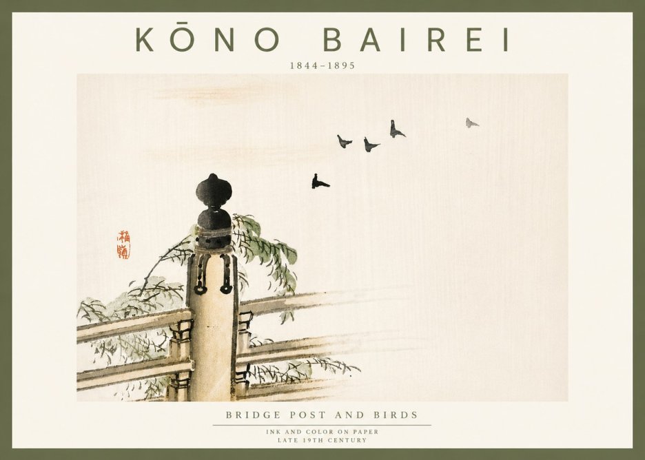 Kōno Bairei Bridge Post and Birds No6 - Juliste