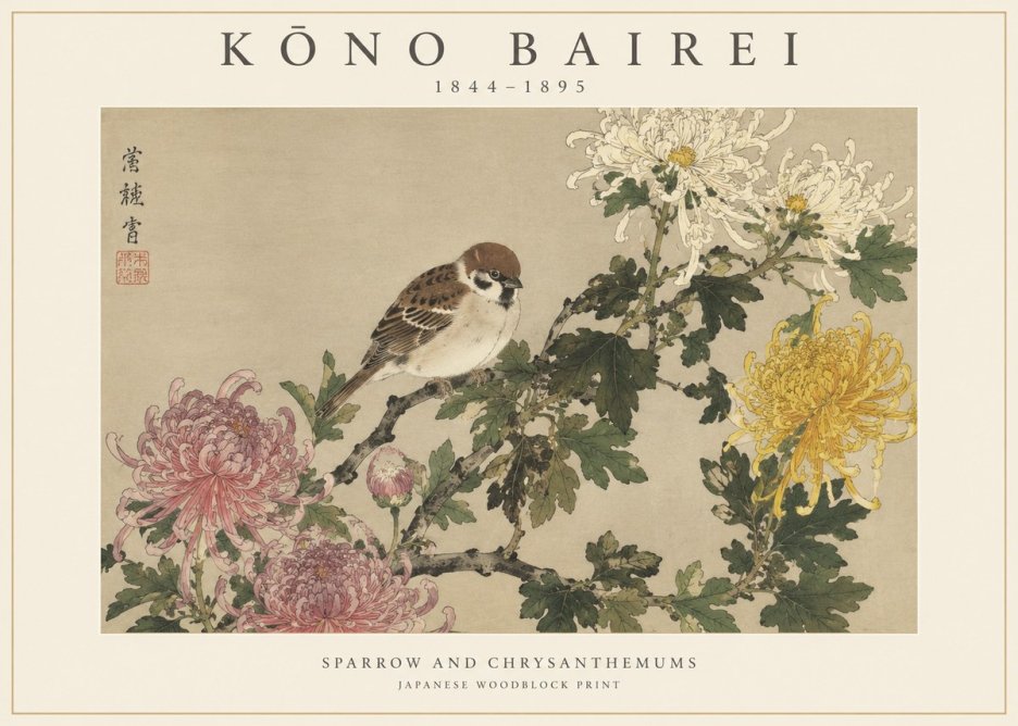Kōno Bairei Sparrow and Chrysanthemums No1 - Juliste