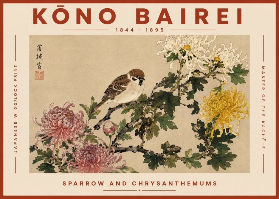 Kōno Bairei Sparrow and Chrysanthemums No6 - Juliste