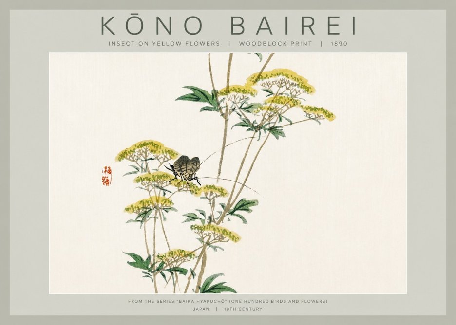 Kōno Bairei Insect on Yellow Flowers No2 - Juliste