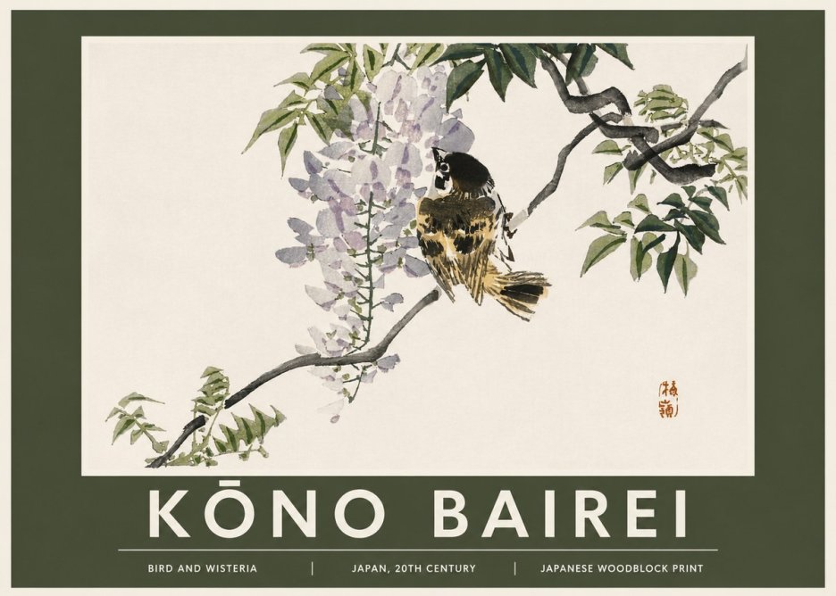 Kōno Bairei Wisteria and Bird No3 - Juliste