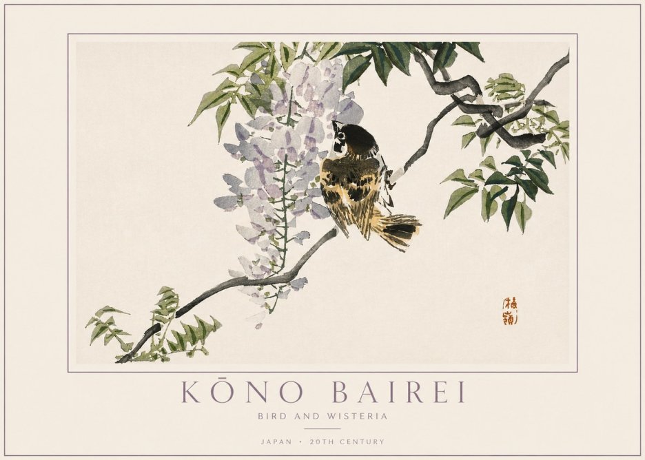 Kōno Bairei Wisteria and Bird No4 - Juliste