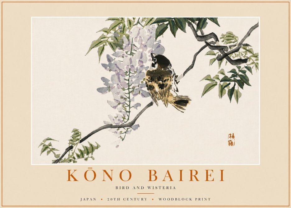 Kōno Bairei Wisteria and Bird No6 - Juliste