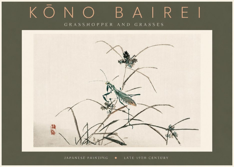 Kōno Bairei Grasshopper and Grasses No4 - Juliste