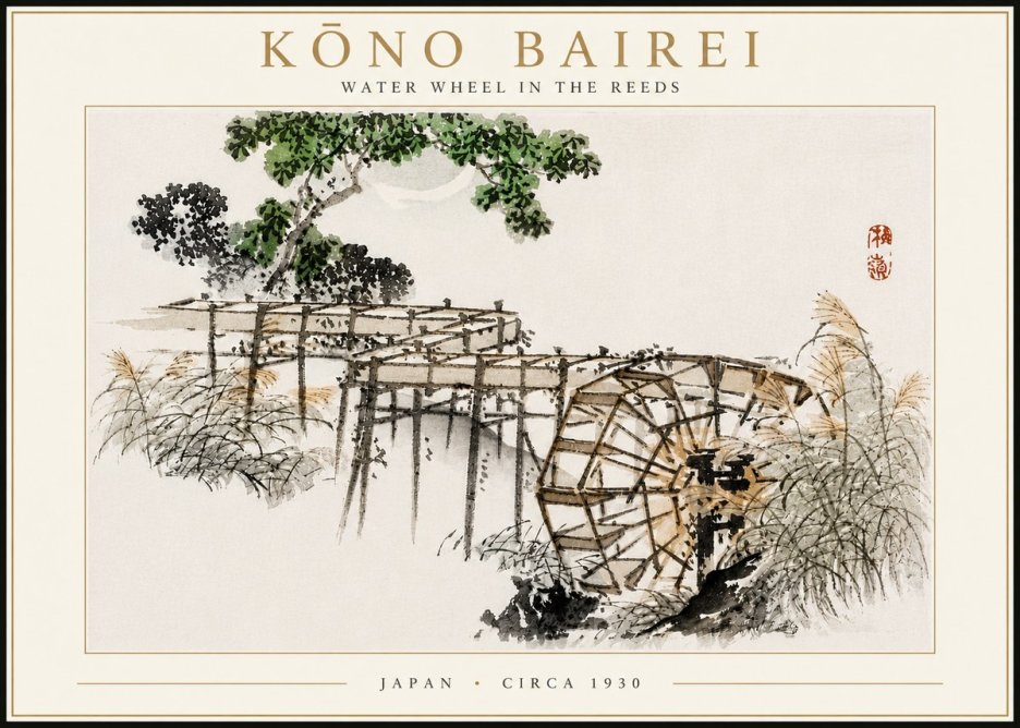 Kōno Bairei Water Wheel in the Reeds No4 - Juliste