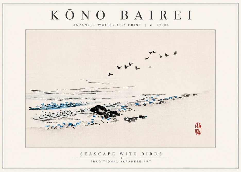 Kōno Bairei Seascape with Birds No4 - Juliste