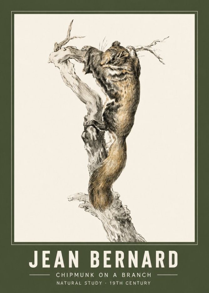 Jean Bernard Study of a Squirrel Climbing a Branch No3 - Juliste