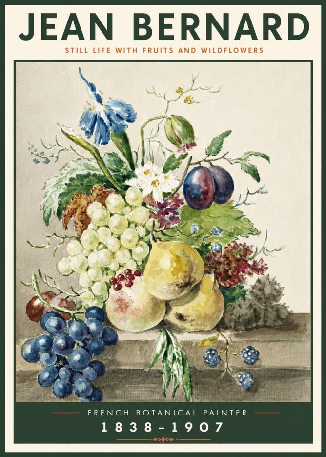 Jean Bernard Still Life with Fruits and Wildflowers No4 - Juliste