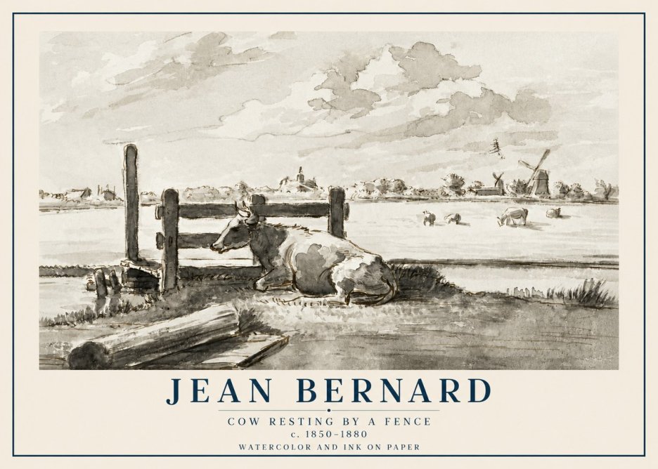 Jean Bernard Cow Resting by a Fence No2 - Juliste