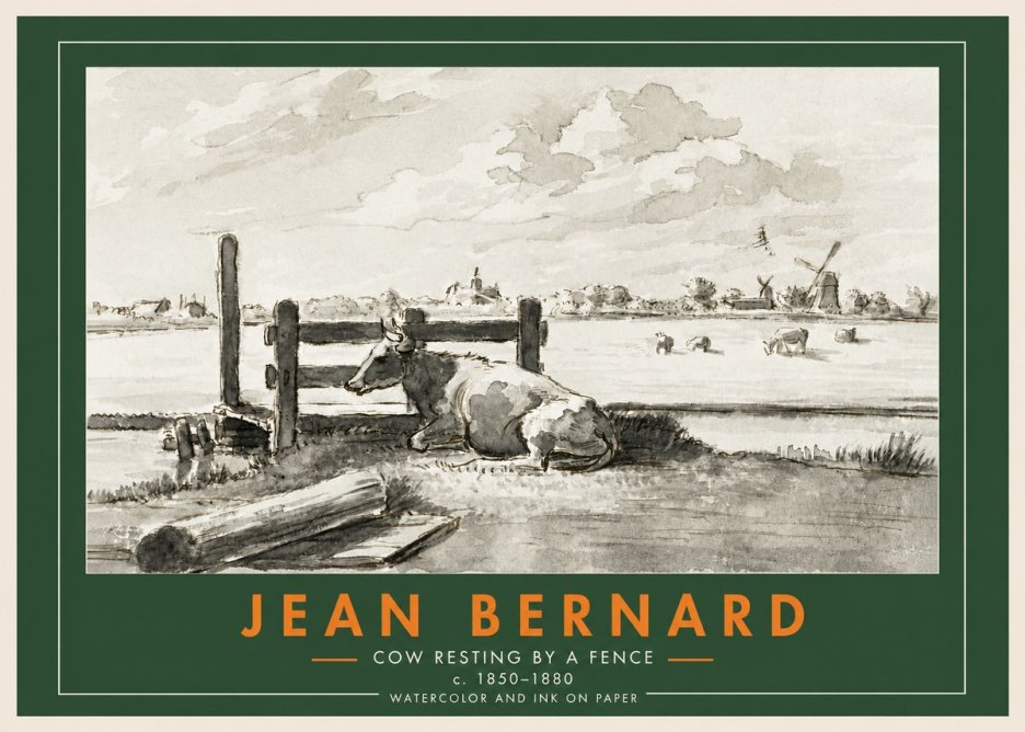 Jean Bernard Cow Resting by a Fence No3 - Juliste