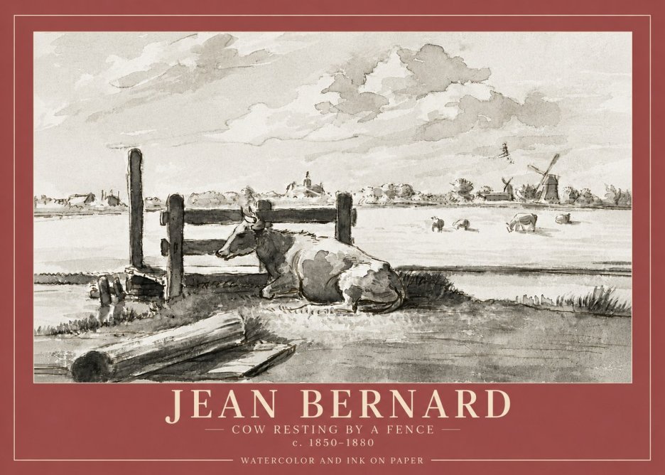 Jean Bernard Cow Resting by a Fence No4 - Juliste