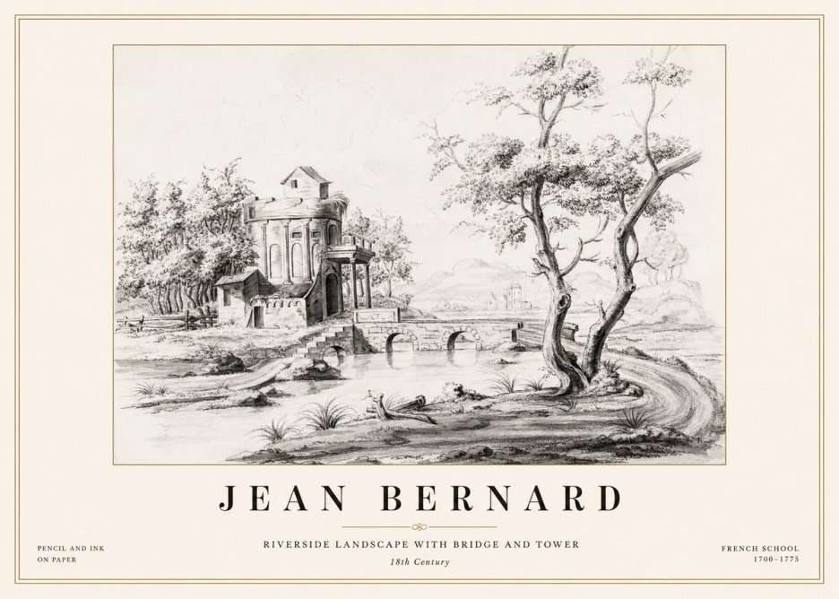 Jean Bernard Riverside Landscape with Bridge and Tower No1 - Juliste