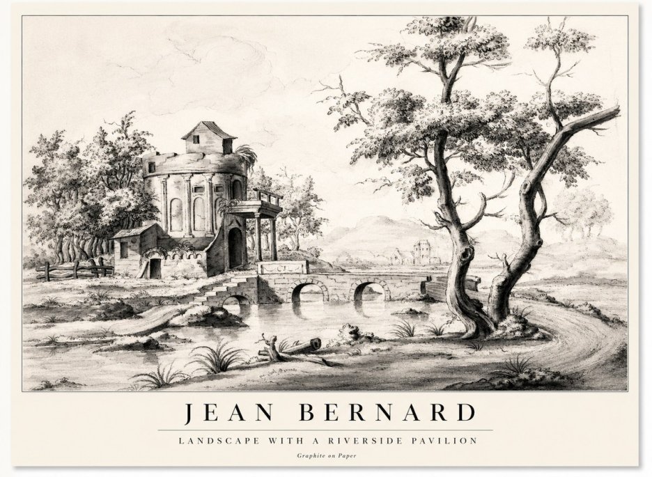 Jean Bernard Riverside Landscape with Bridge and Tower No2 - Juliste