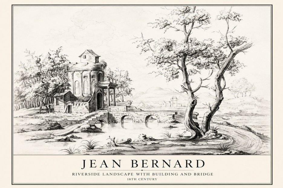 Jean Bernard Riverside Landscape with Bridge and Tower No4 - Juliste