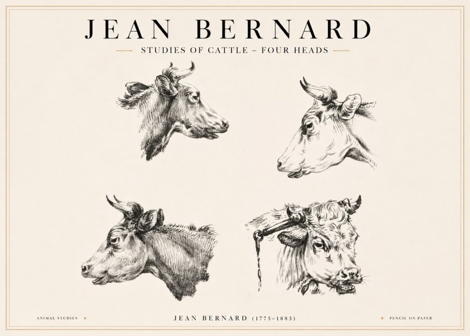 Jean Bernard Studies of Cattle - Four Heads No1 - Juliste