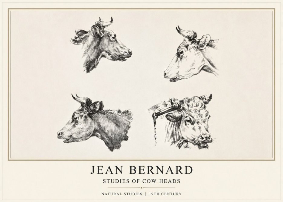 Jean Bernard Studies of Cattle - Four Heads No2 - Juliste