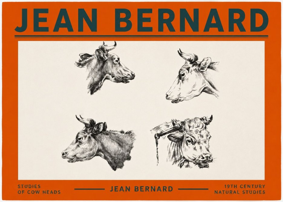 Jean Bernard Studies of Cattle - Four Heads No3 - Juliste