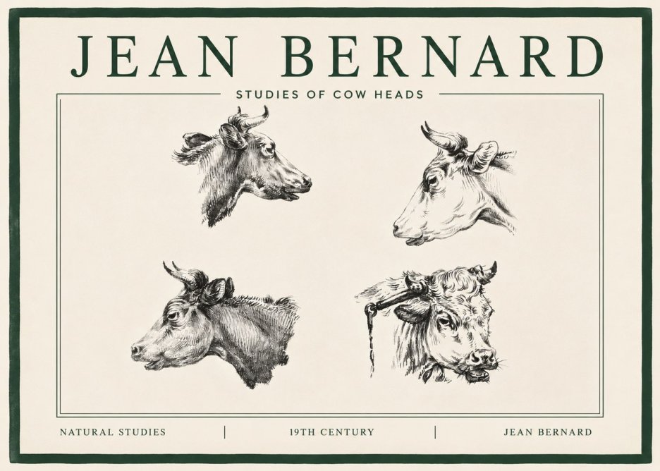 Jean Bernard Studies of Cattle - Four Heads No4 - Juliste