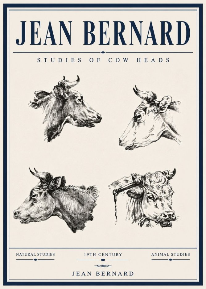 Jean Bernard Studies of Cattle - Four Heads No6 - Juliste