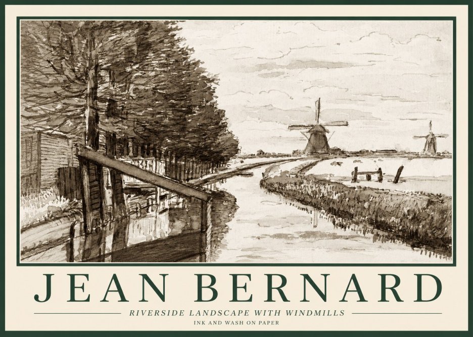 Jean Bernard Riverside Landscape with Windmills No1 - Juliste