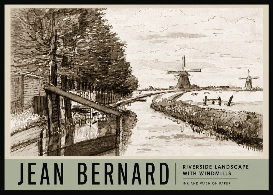 Jean Bernard Riverside Landscape with Windmills No3 - Juliste