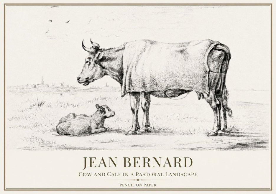 Jean Bernard Cow and Calf in a Pastoral Landscape No1 - Juliste