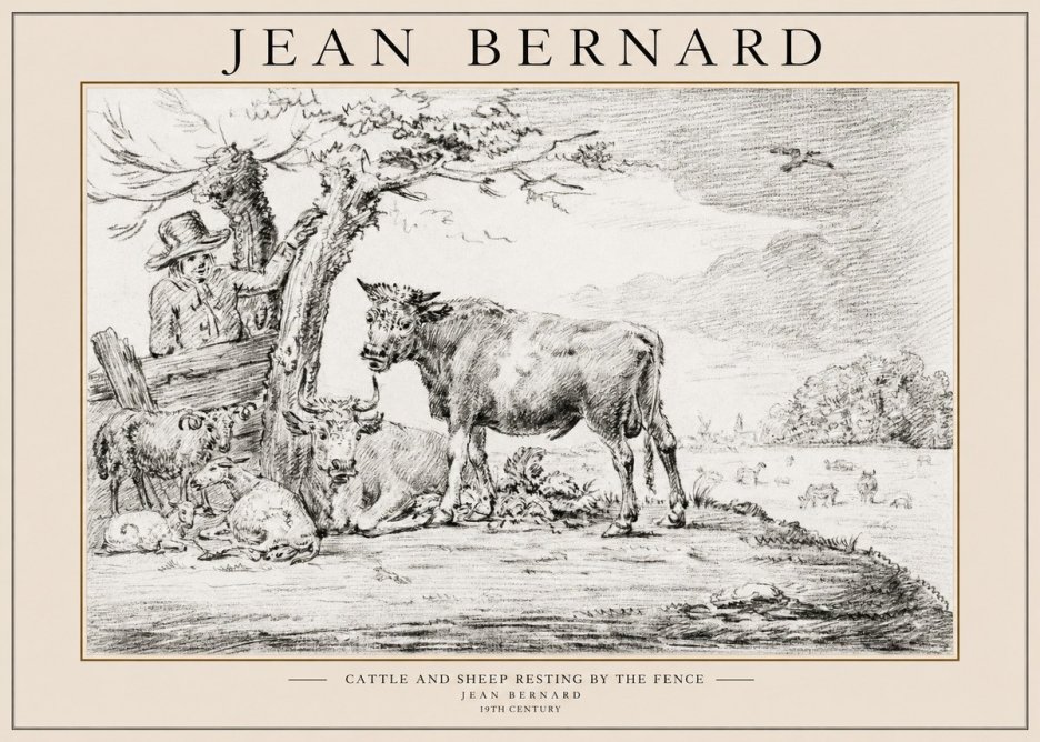 Jean Bernard Cattle and Sheep Resting by the Fence No1 - Juliste