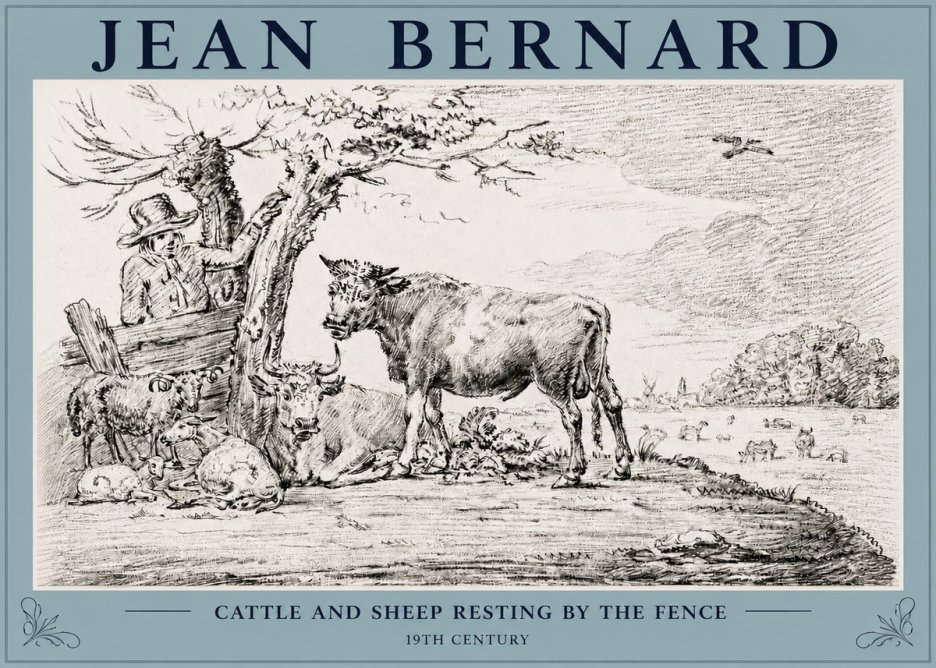 Jean Bernard Cattle and Sheep Resting by the Fence No3 - Juliste
