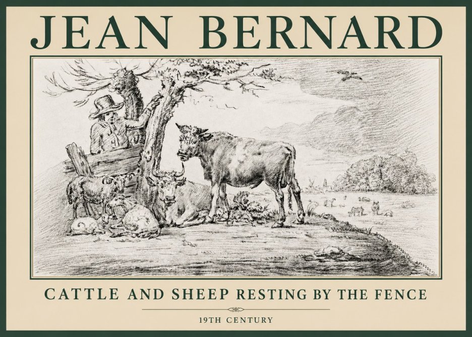 Jean Bernard Cattle and Sheep Resting by the Fence No4 - Juliste