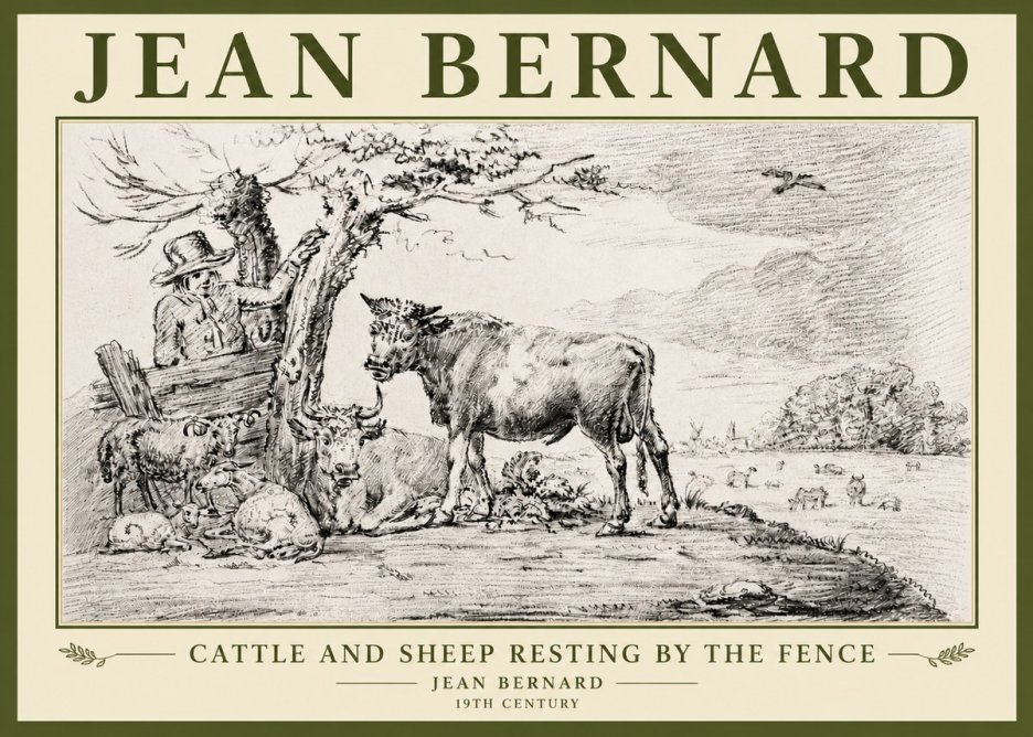 Jean Bernard Cattle and Sheep Resting by the Fence No5 - Juliste