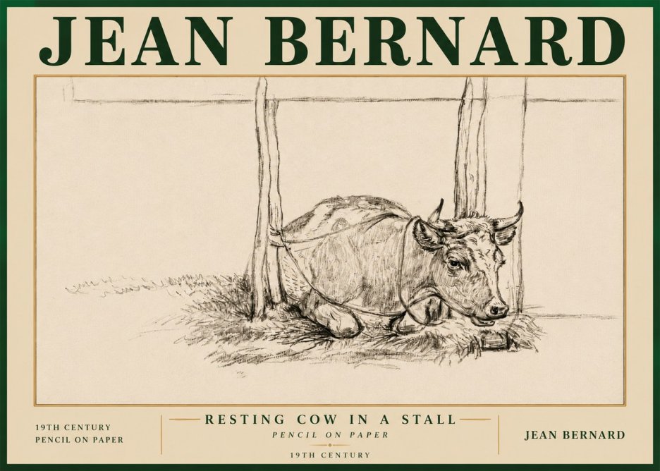 Jean Bernard Resting Cow in a Stall No5 - Juliste
