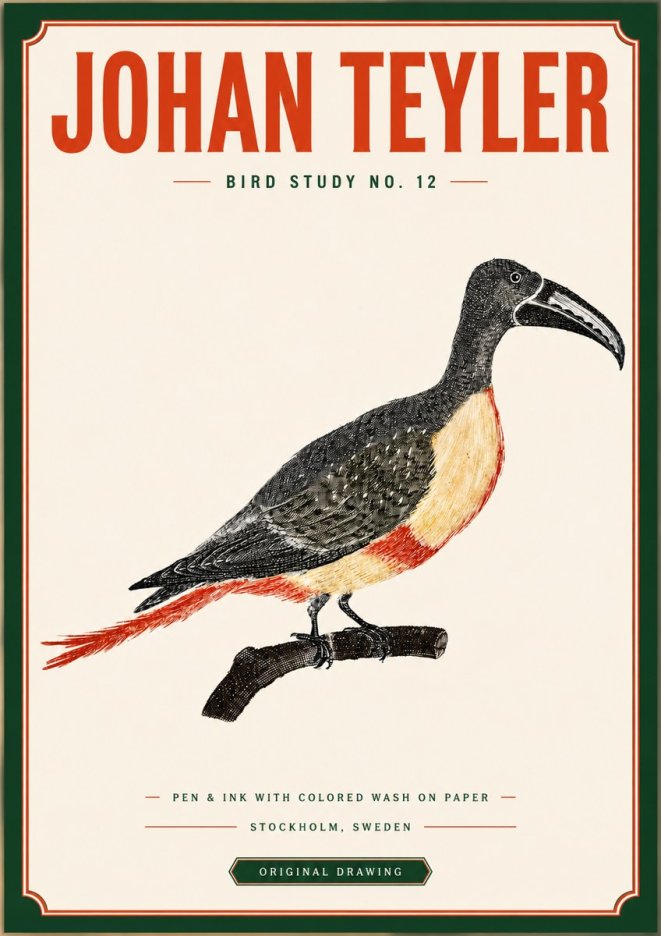Johan Teyler Bird Study No. 12 - Original Drawing No3 - Juliste