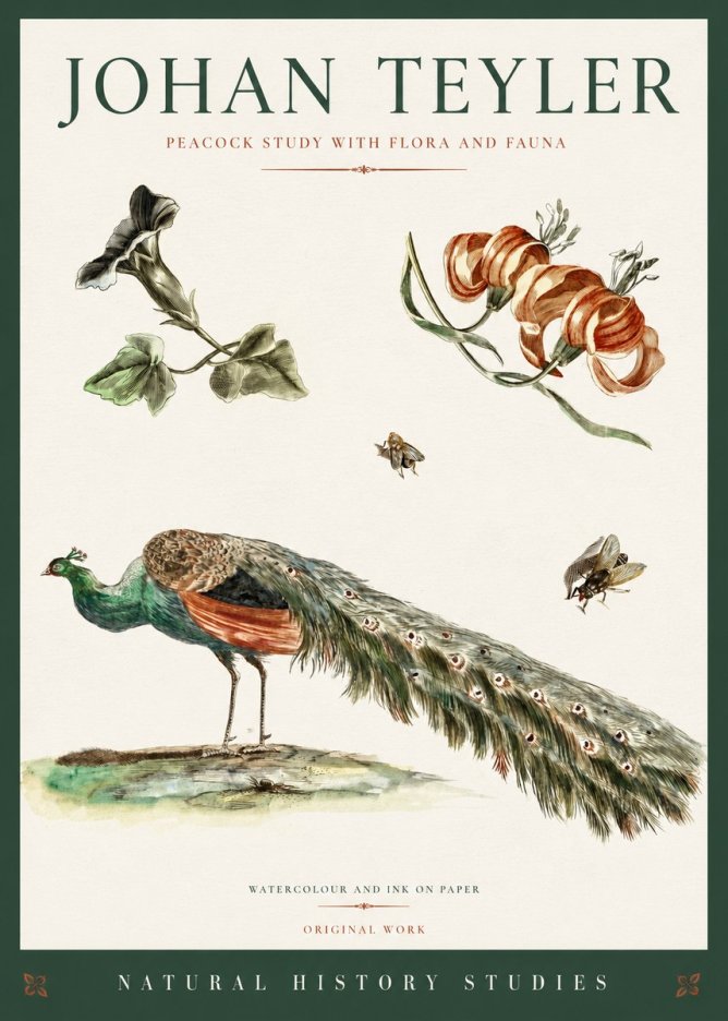 Johan Teyler Peacock Study with Flora and Fauna No3 - Juliste