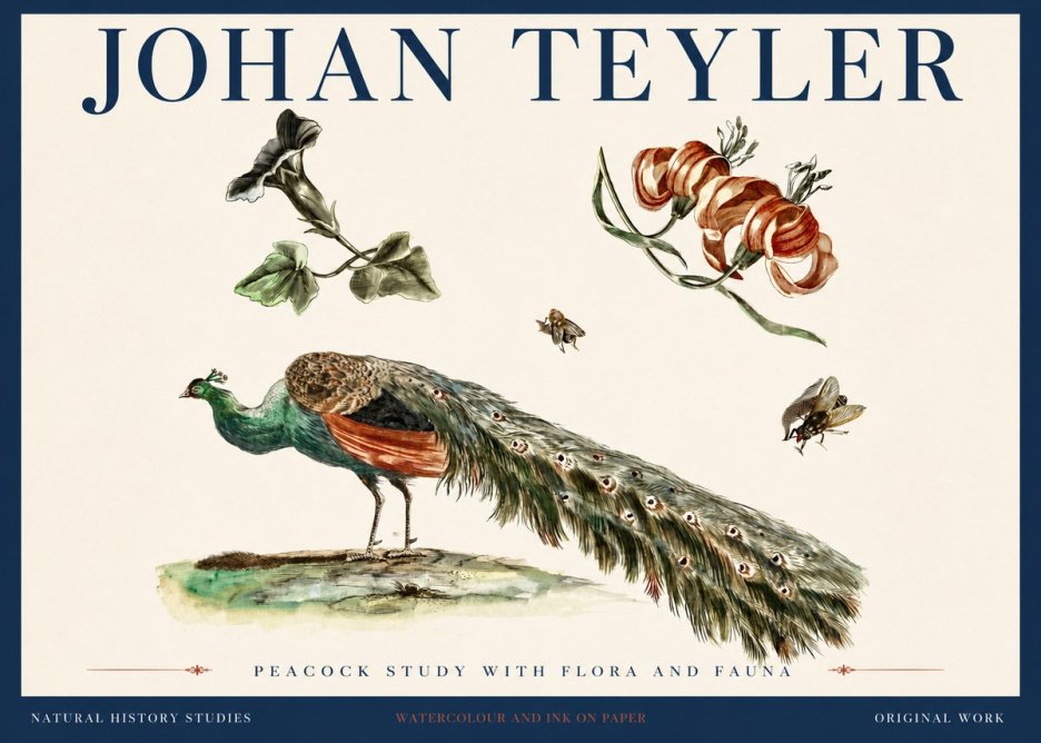 Johan Teyler Peacock Study with Flora and Fauna No4 - Juliste