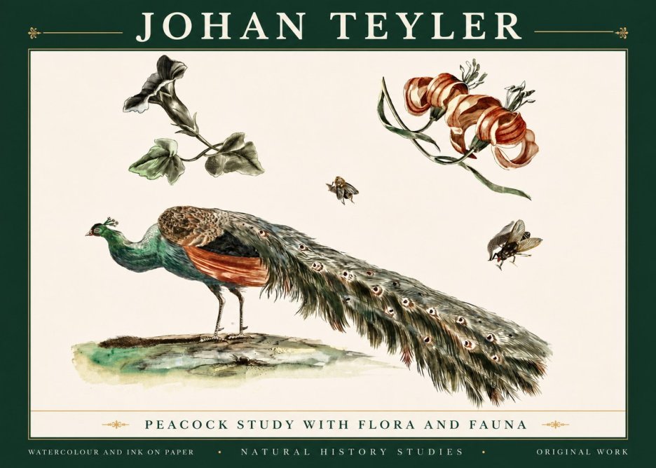 Johan Teyler Peacock Study with Flora and Fauna No5 - Juliste