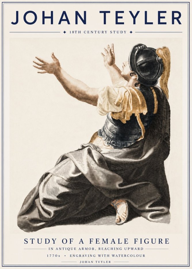 Johan Teyler Study of a Female Figure in Antique Armor, Reaching Upward No4 - Juliste