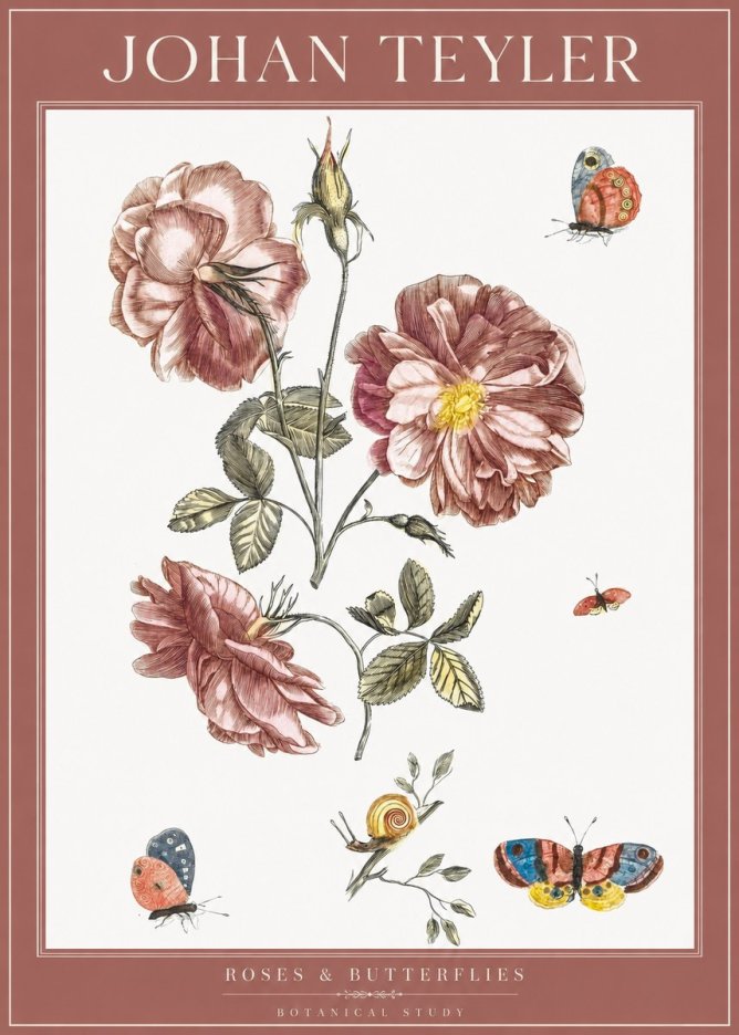 Johan Teyler Roses & Butterflies - Botanical Study No1 - Juliste