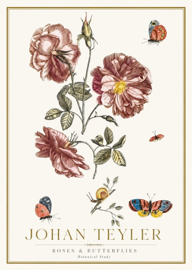 Johan Teyler Roses & Butterflies - Botanical Study No2 - Juliste
