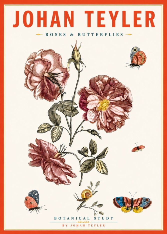 Johan Teyler Roses & Butterflies - Botanical Study No5 - Juliste