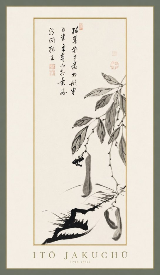 Itō Jakuchū Branch with Pods and Calligraphy No1 - Juliste