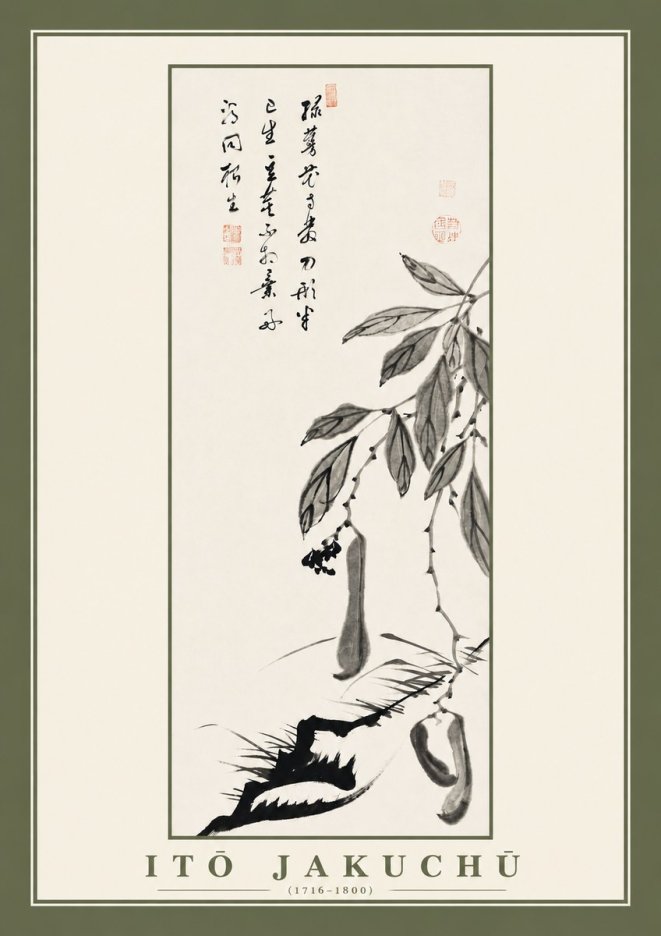 Itō Jakuchū Branch with Pods and Calligraphy No2 - Juliste