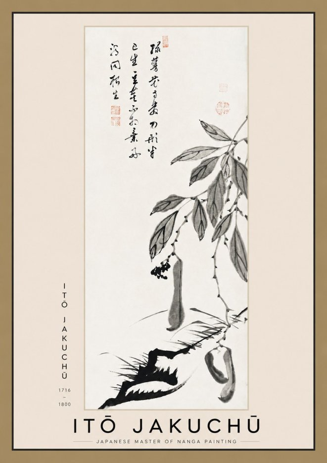 Itō Jakuchū Branch with Pods and Calligraphy No3 - Juliste